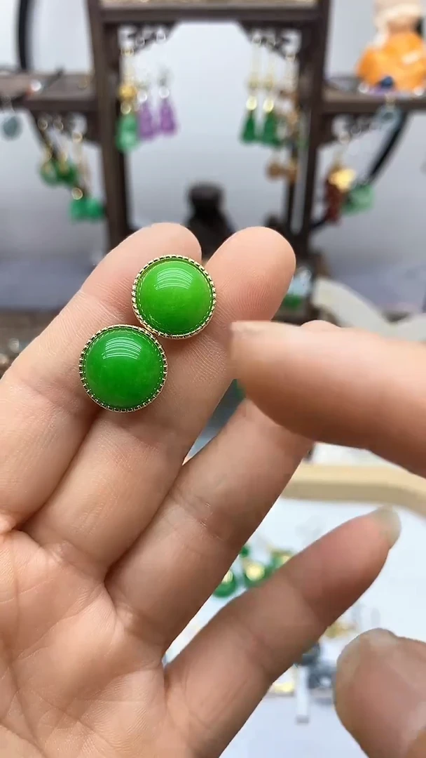 石英质玉（非洲翠）14K金镶嵌耳饰47