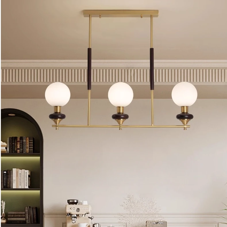 法式全铜复古中古餐厅吊灯侘寂风宋代风实木长条一字魔豆餐桌吊灯