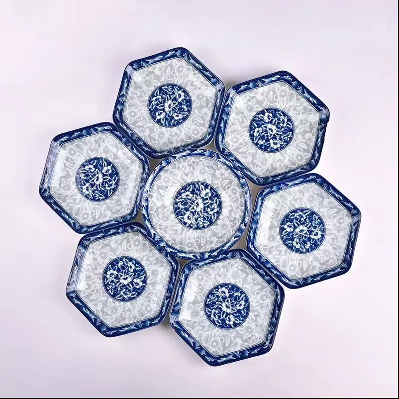 （亏米福利）青花瓷8.5英寸六角盘+汤碗 破损联系客服