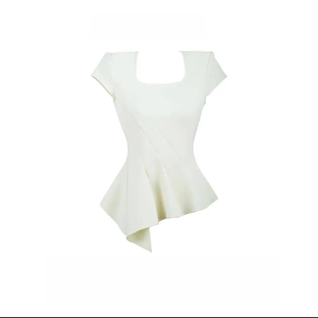 2025夏季时尚休闲风收腰纯色百搭圆领设计感不规则褶皱显瘦上衣女