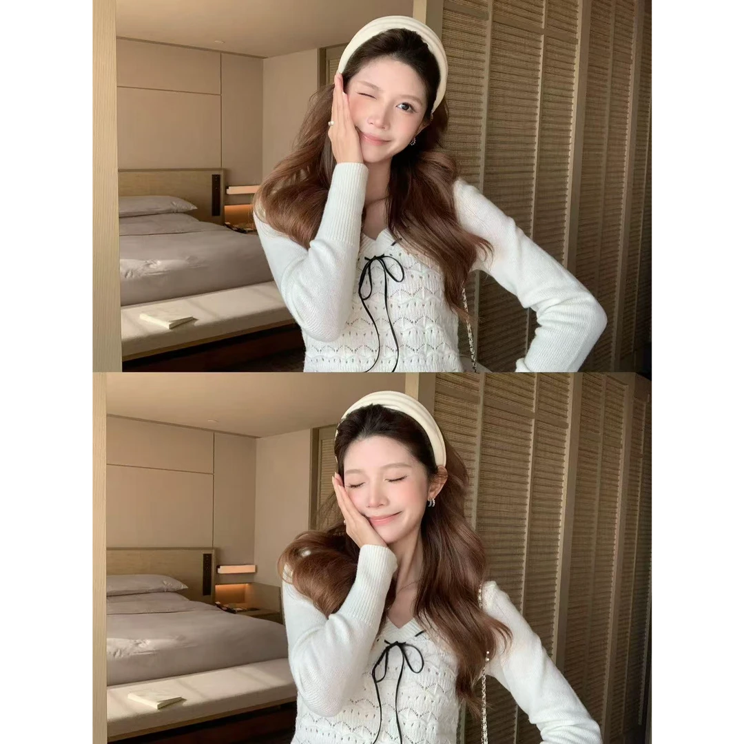 【白桃布蕾】甜美温柔风系带镂空v领针织衫上衣L2379