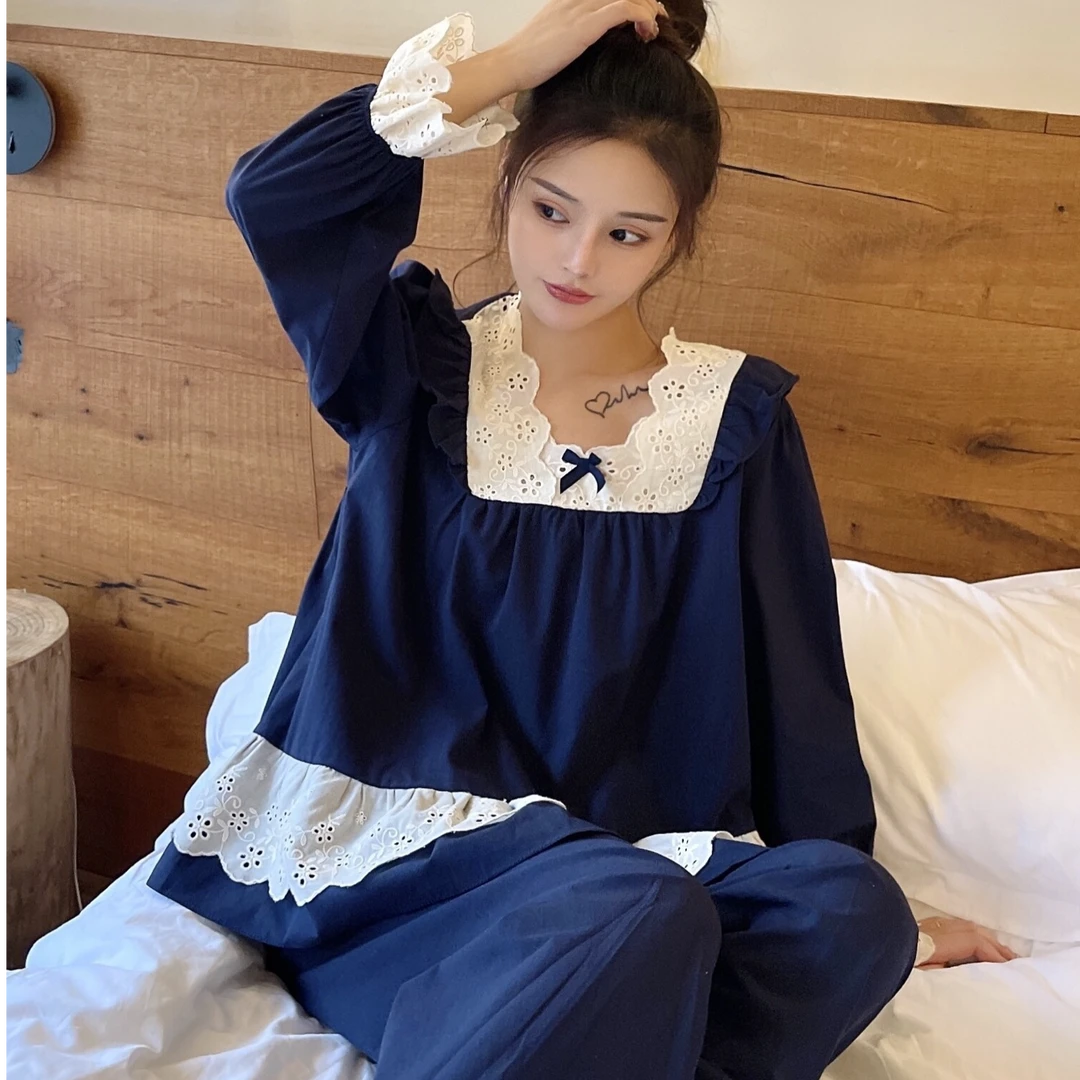 2025韩国甜美蕾丝方领花边睡衣女春夏公主风少女长袖长裤套装新款