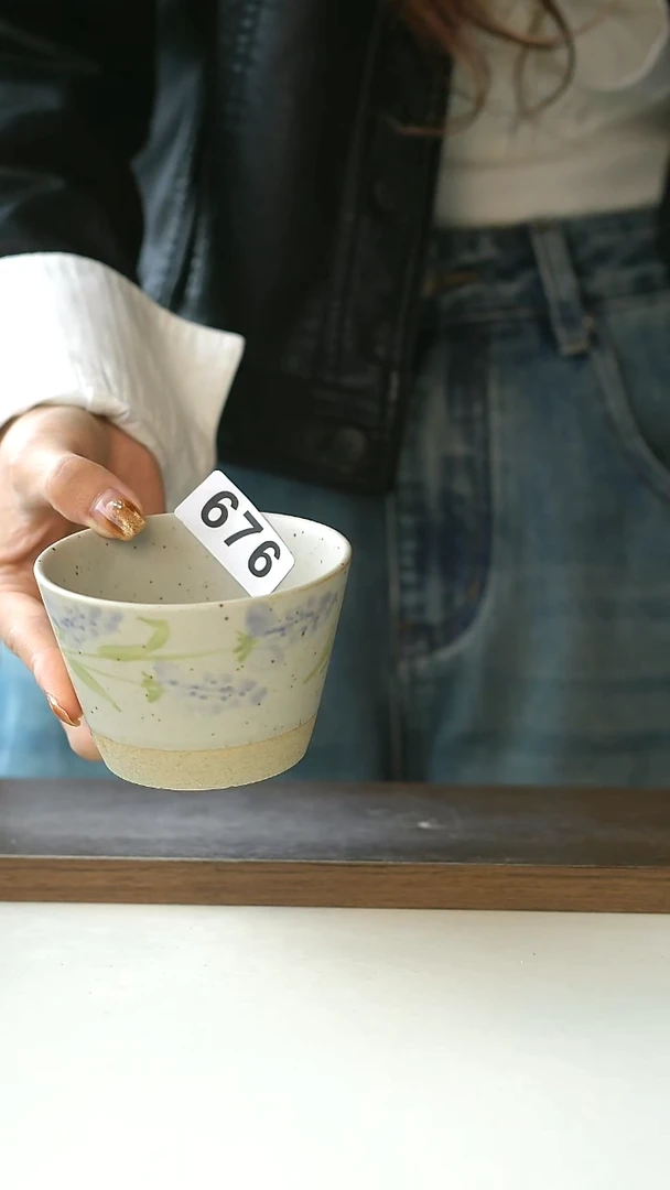 陶白*南676瑕粗陶手绘薰衣草猪口杯220@4-2@