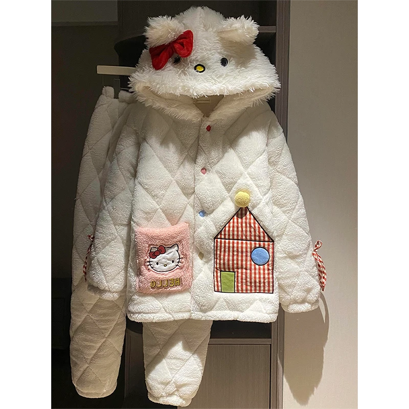 可爱小猫珊瑚绒睡衣女冬季2024加厚保暖少女卡通长袖家居服两件套