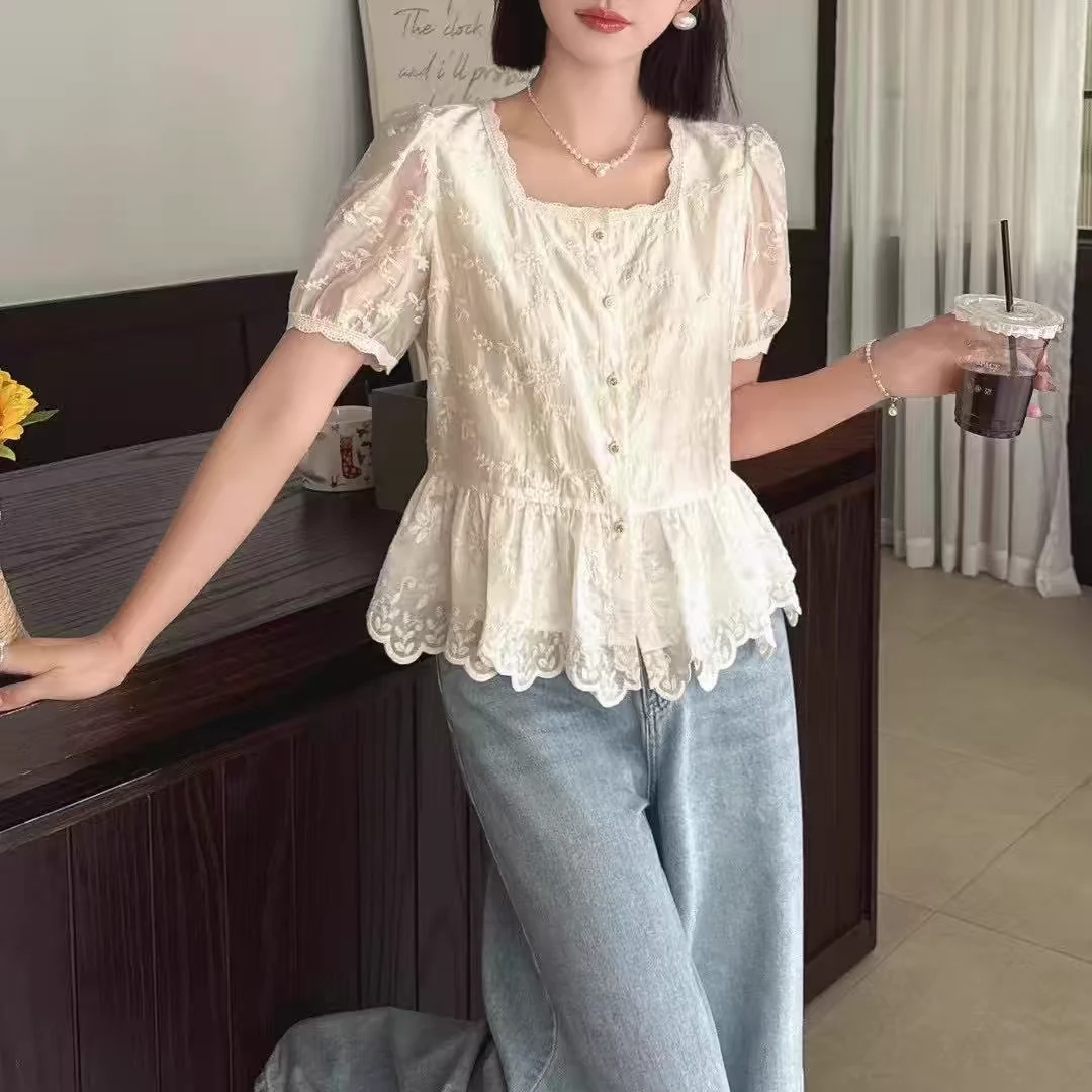 2540花边方领迎春花刺绣拼接荷叶边短袖打底