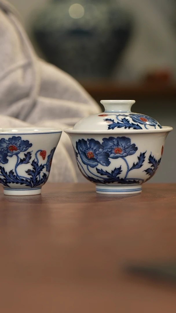 杯和然窑釉里红虞美人2个杯1个盖碗1壶承