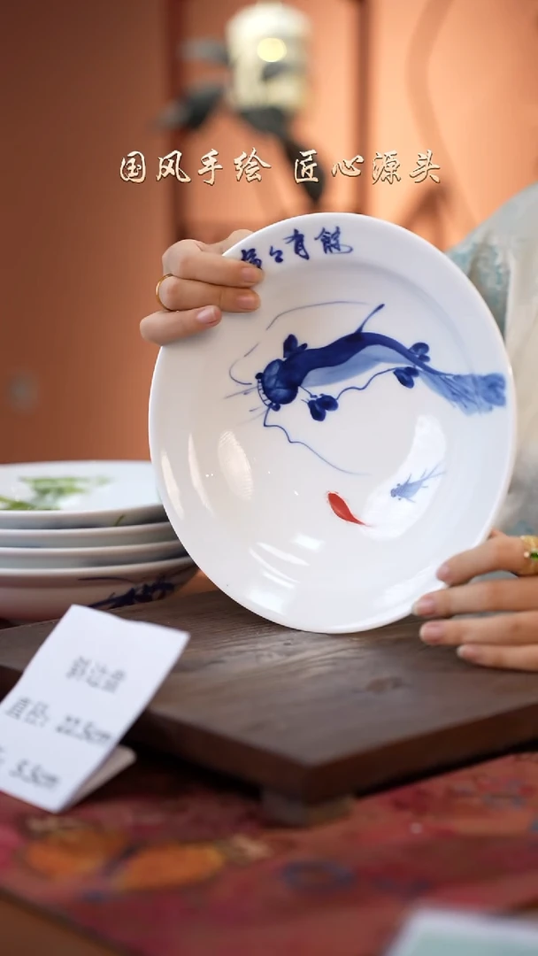 陶瓷景德镇釉中彩餐具斜边盘直径22.5高5.5