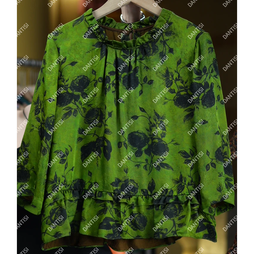 春芜《非遗美学》1611中式玫瑰印花立领荷叶边下摆减龄上衣