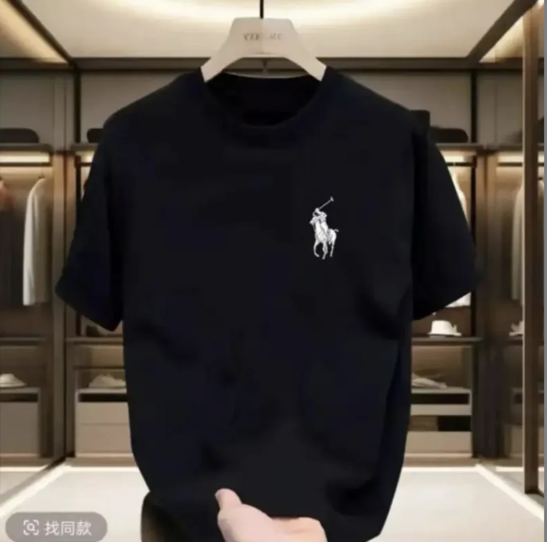 保罗圆领短袖T恤男士夏季纯棉纯色宽松落肩小马标刺绣圆领半袖潮