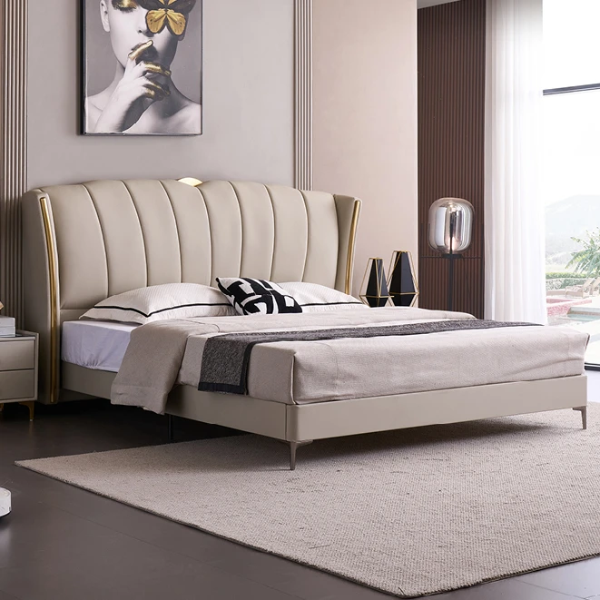 高端主卧室头层牛皮床意式轻奢双人床皮艺床婚床真皮软包床#HS903