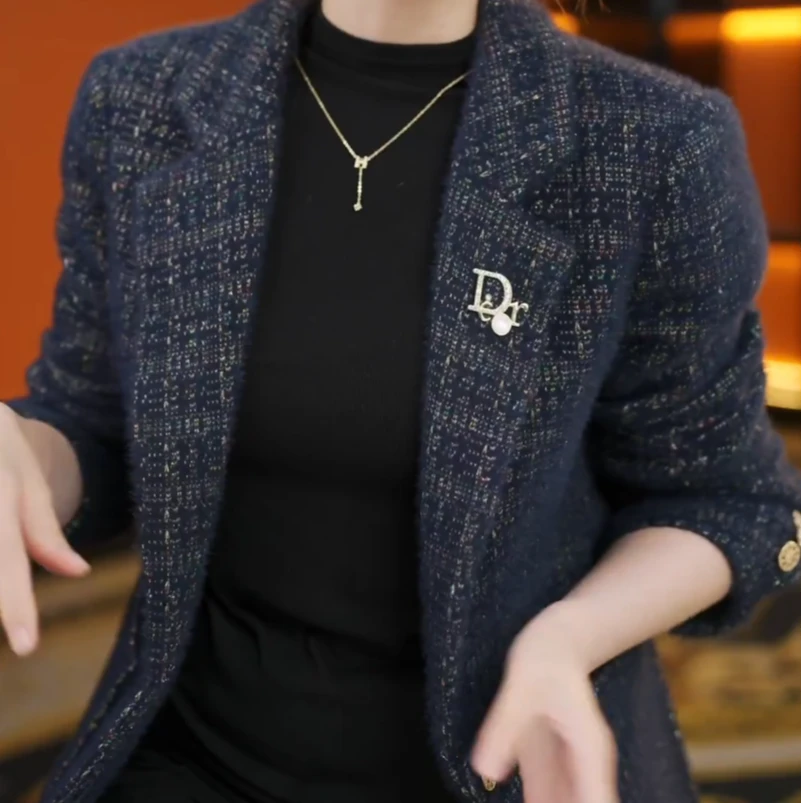 【运补】【送胸针】杭州原版正品2025秋冬高级 蓝金格纹外套女