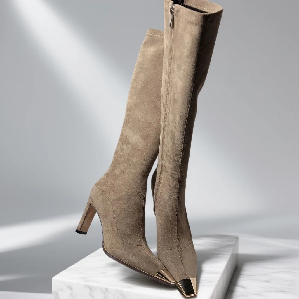 花思宇长筒小方头绝美洋气侧拉链长靴绒面小众超高跟女靴过膝