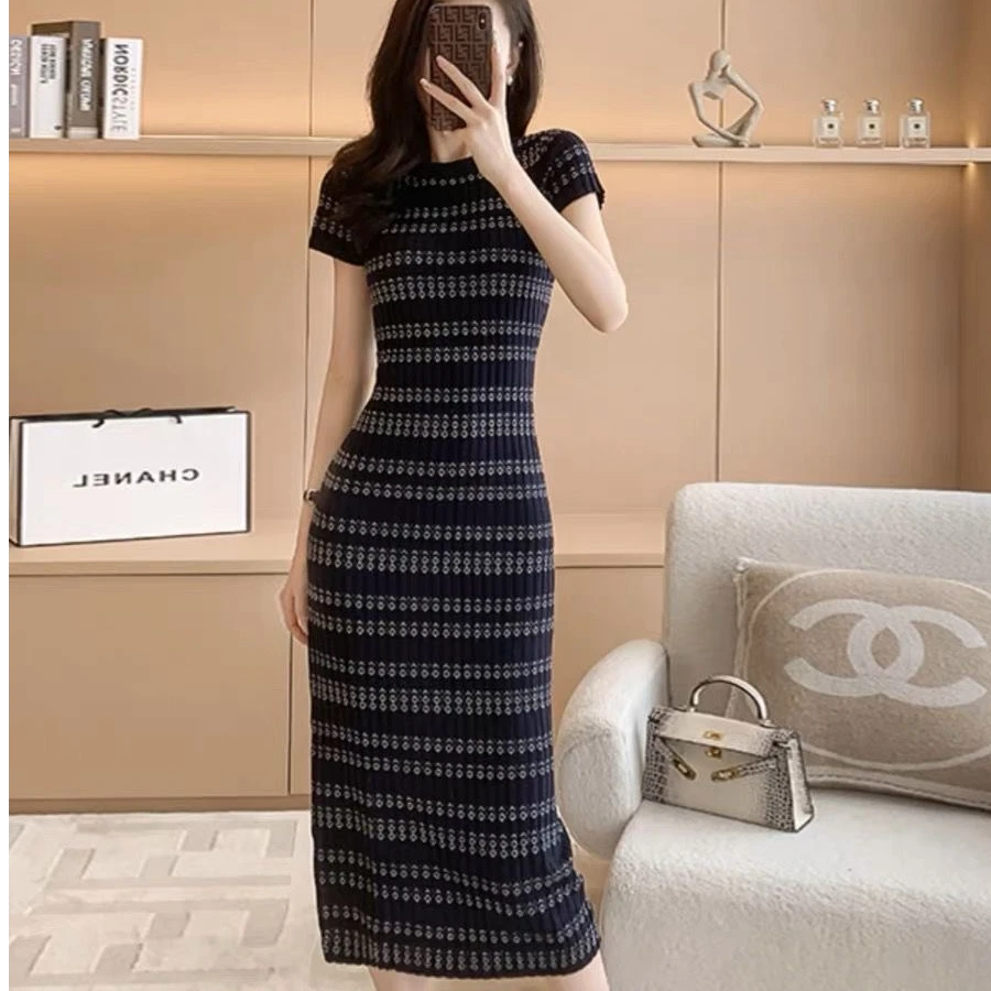 编码451-500夏季新款韩版时尚基础款裙气质显短袖瘦针织连衣裙