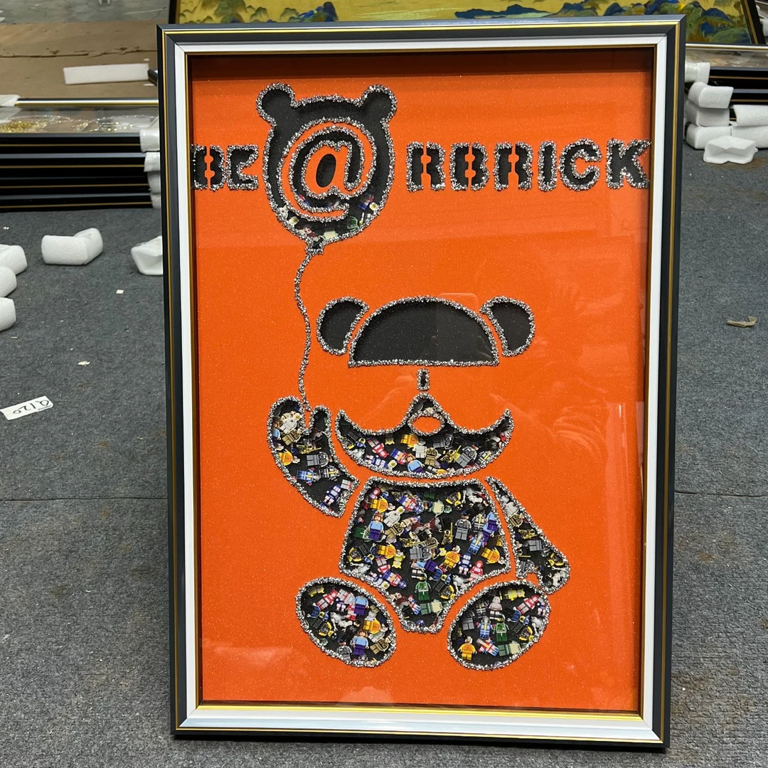 Q177橙暴力熊时尚餐厅客厅轻奢挂画钢化玻璃装裱实物鎏金画装饰画