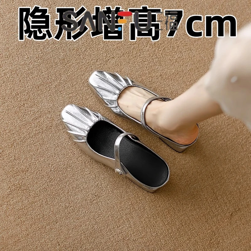 软皮内增高7cm银色包头半拖凉鞋女2025新款夏季粗跟一脚蹬单鞋子