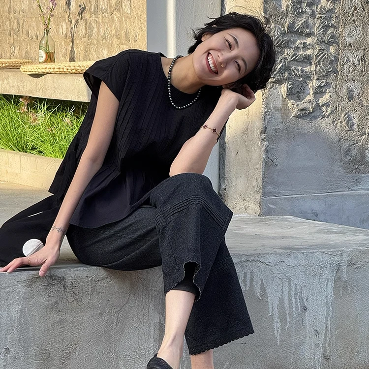 浪清/女装推荐 西茜斯褶皱休闲上衣44083#