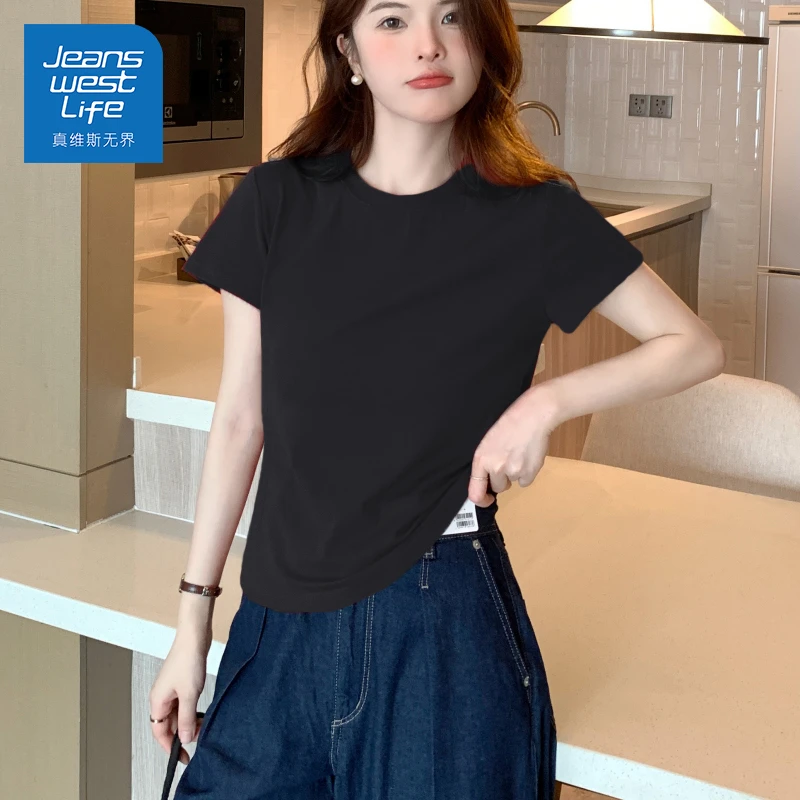 真维斯无界夏季纯色圆领紧身T恤显瘦显瘦百搭爆款时尚洋气衣服女
