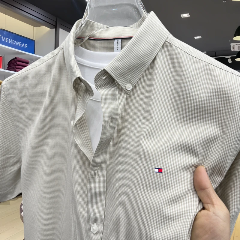 正品Tommy汤米夏季短袖衬衫男士时尚百搭商务休闲中青年格子衬衣
