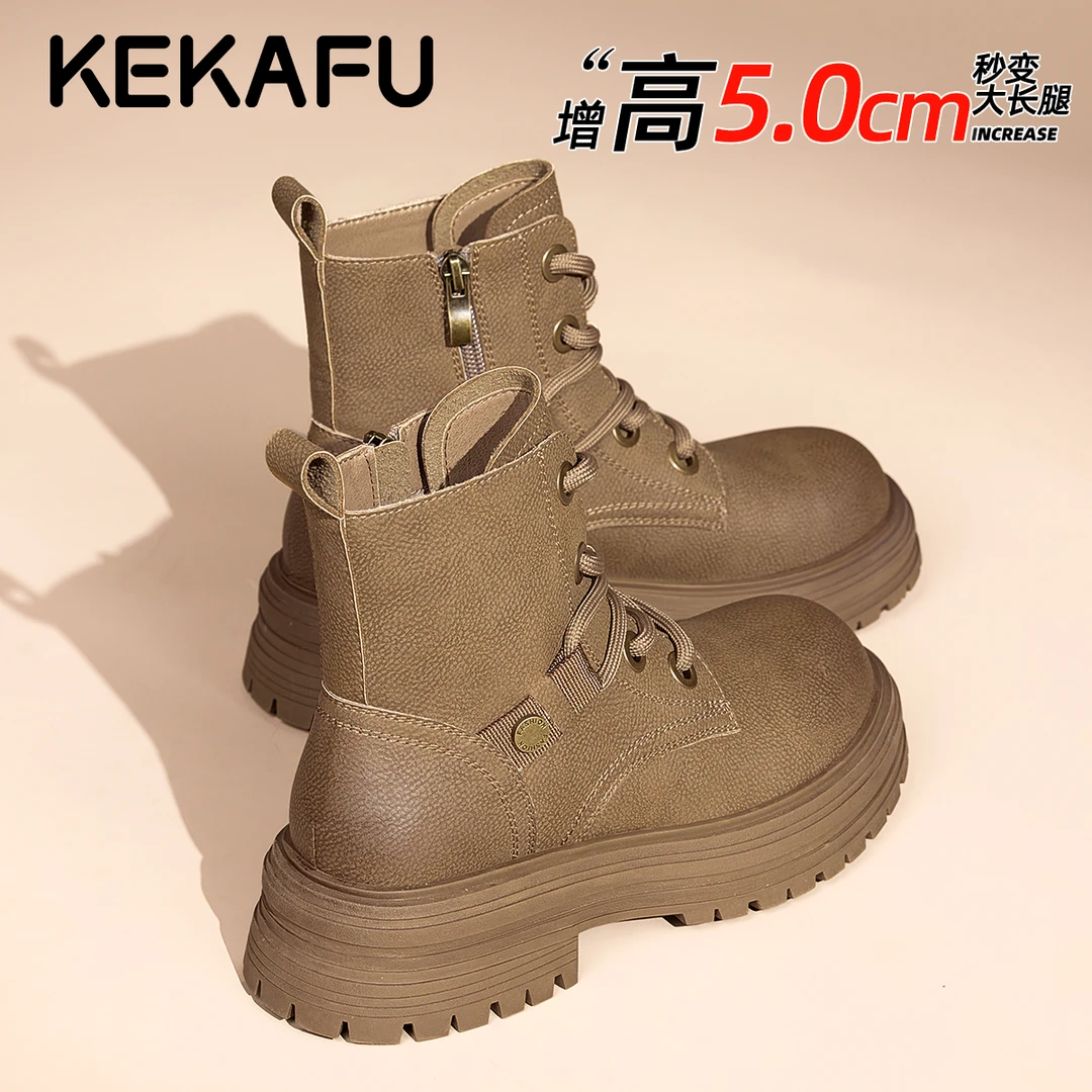 珂卡芙小个子百搭户外粗跟工装大黄靴短靴2025冬季新款增高马丁靴