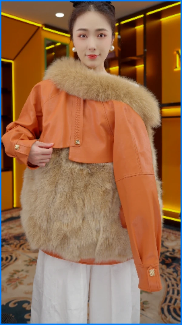 NX--2025爱马橙皮毛一体压花羽绒服