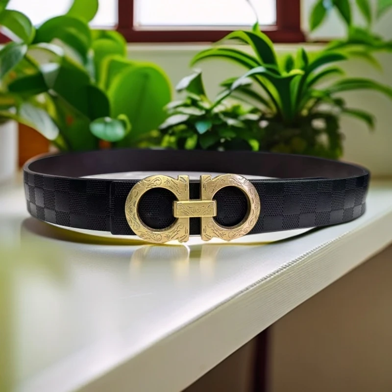 格罗妙雕花8字扣男款百搭时尚黑色真牛皮腰带平滑扣皮带