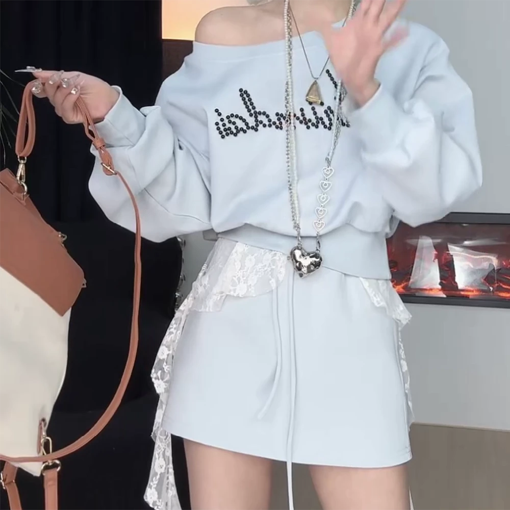 【心动讯号】白月光显瘦休闲露肩钉珠撞色卫衣半身裙套装两件套