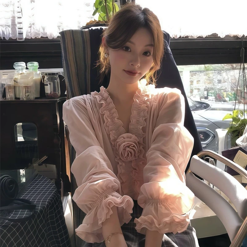 双层木耳边v领粉色玫瑰花衬衫女夏季重工气质法式长袖