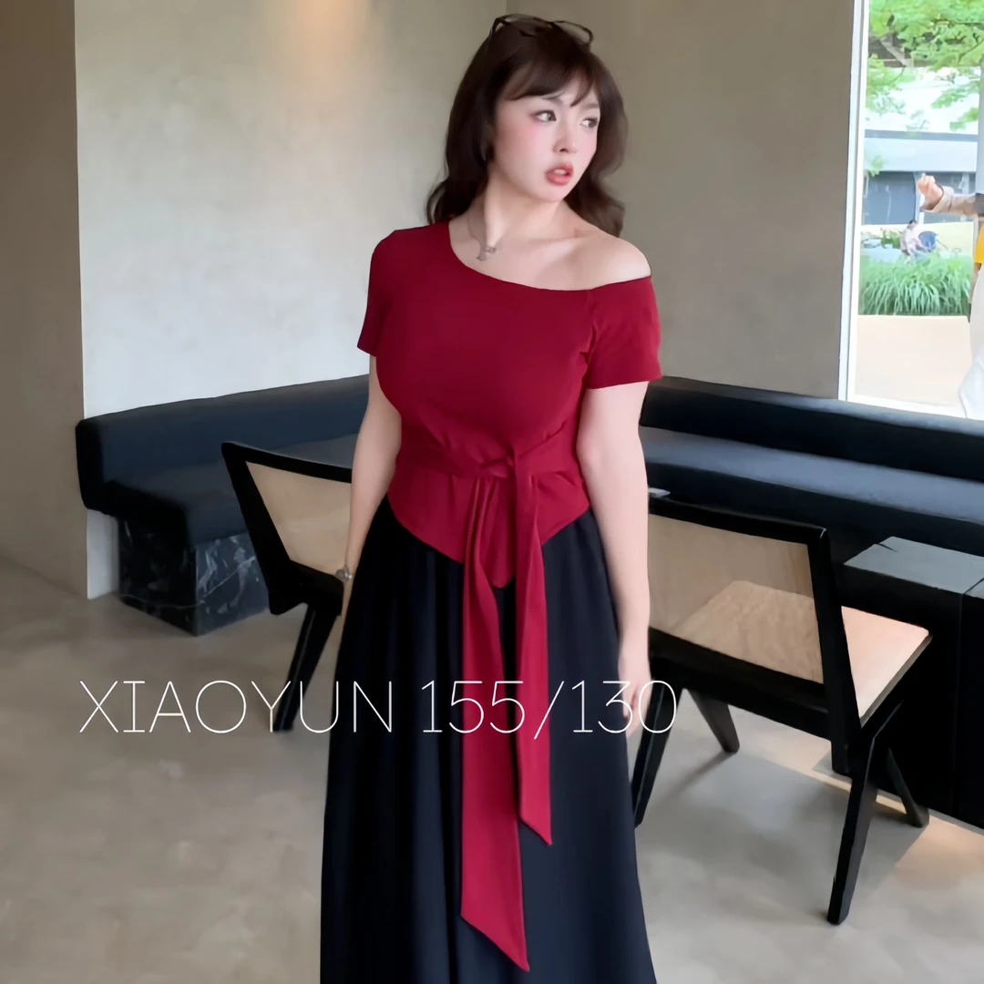 【现货】韩系斜肩绑带短袖T恤女2025夏季新款显瘦不规则上衣-1018