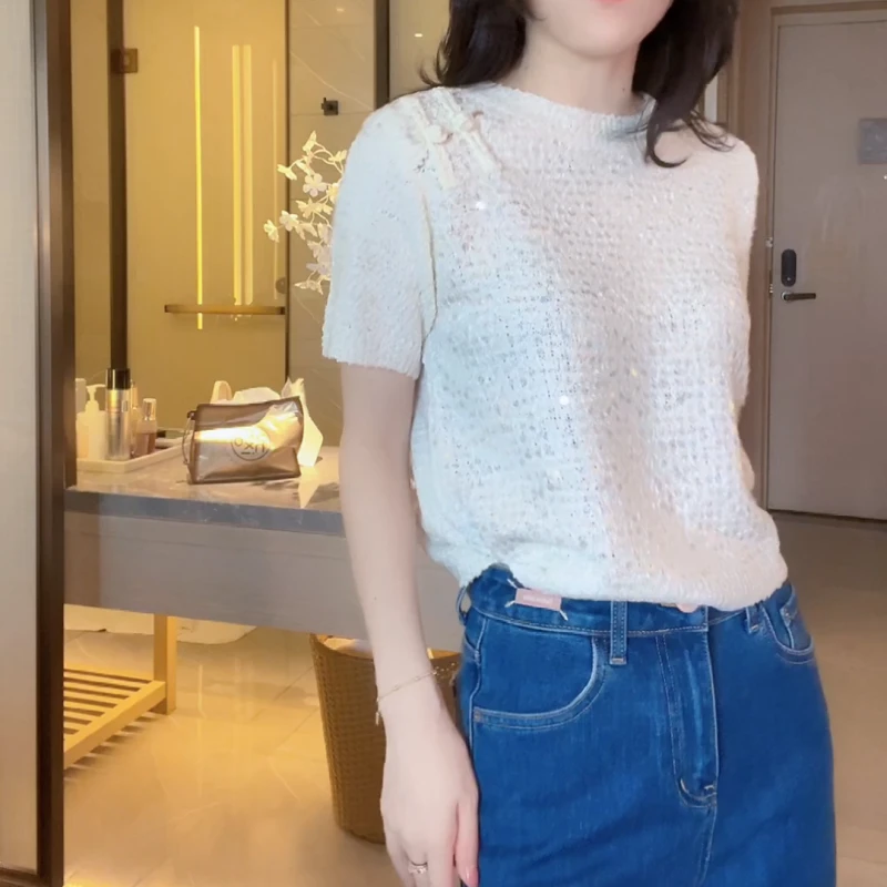 2025春季新款韩版设计感百搭气质亮片短袖LK2501383