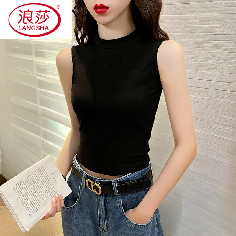 浪莎显瘦修身无袖2025T恤半高领小背心高档内搭夏外穿黑显瘦