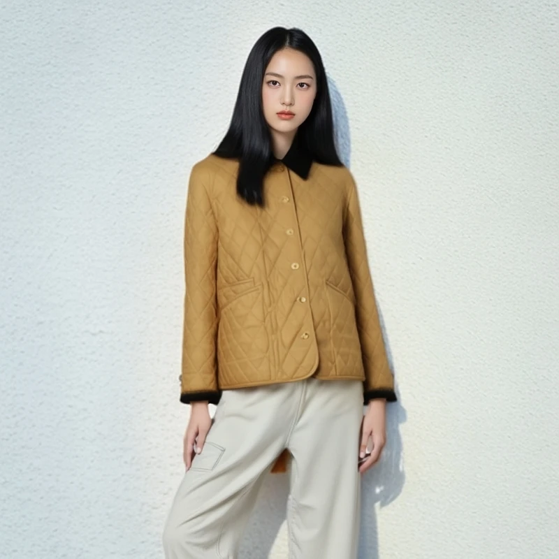 9698-秋冬菱格翻领经典复古短款长袖菱形格冬季保暖休闲短外套