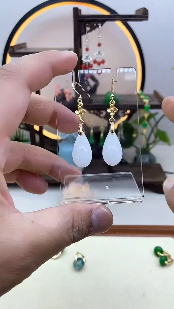 和田玉14K金镶嵌耳饰88号