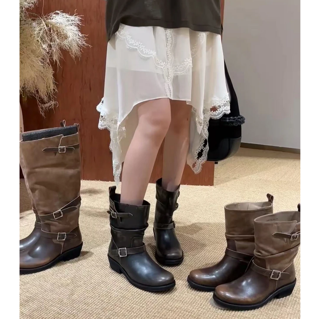 平底百搭中筒粗跟短靴时装靴女士圆头英伦风做旧擦色褶皱短靴