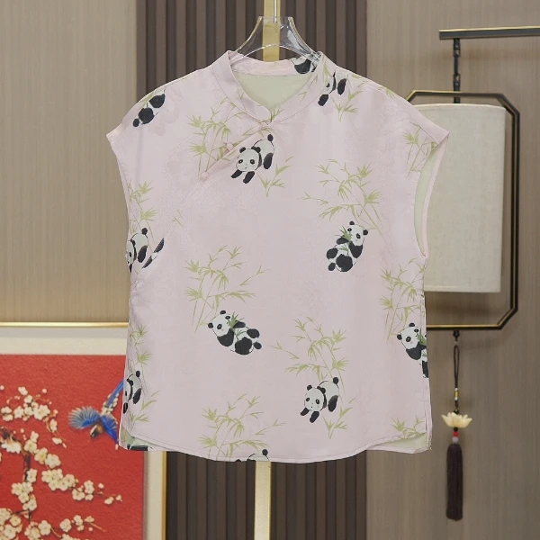 【熊猫】桑蚕丝洋气新中式国风上衣女斜襟珠扣立领上衣夏季短袖T恤