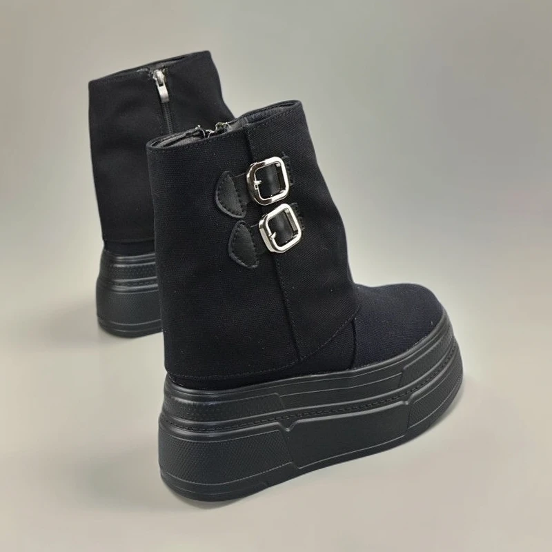 超高跟10-12cm内增高高帮鞋秋冬新款时尚潮流百搭轻便帆布女靴子