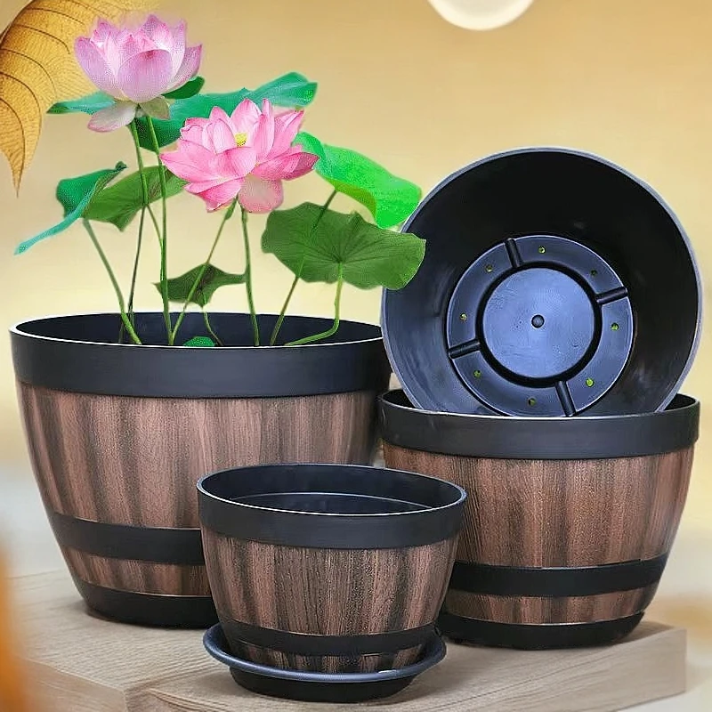 特大加厚树脂仿酒桶花盆睡莲碗莲荷花无孔水培盆大号绿植盆栽土培