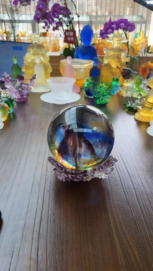 手工艺品琉璃紫色玫瑰花底座加星空转运球