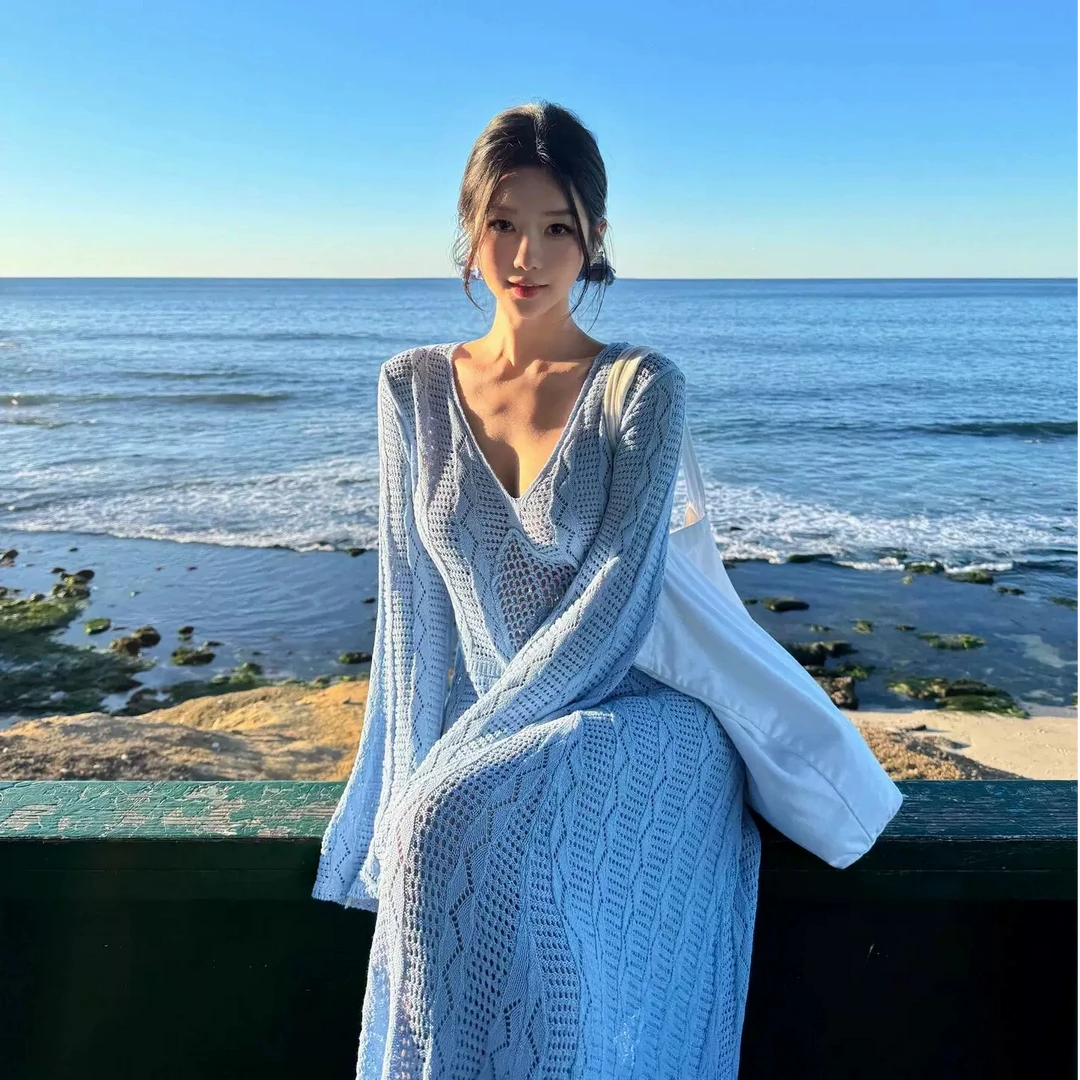 海边度假沙滩裙女慵懒宽松针织比基尼泳衣罩衫防晒服长袖连衣裙女