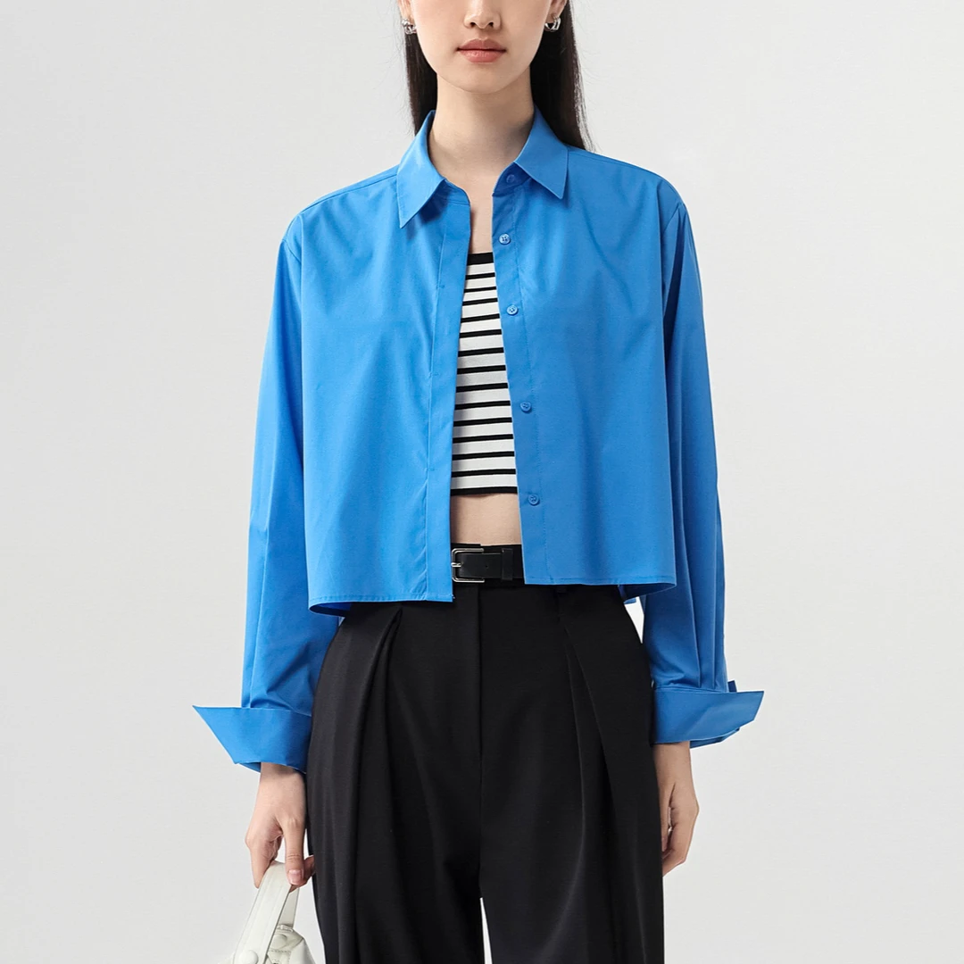 太高级了*日本东丽进口原纱高奢蓝色短款箱式显瘦显高女新款衬衫