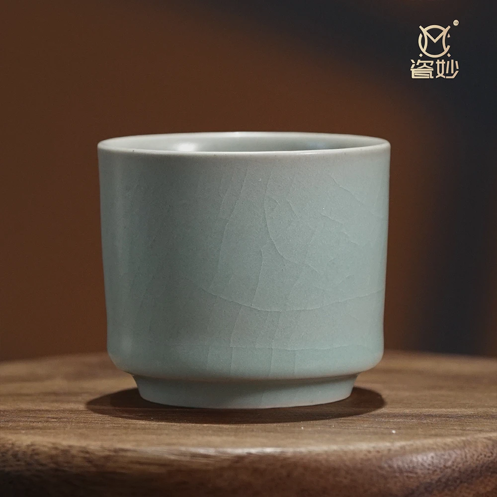 瓷妙汝官窑复烧粉青釉直口杯约50cc汝瓷原产地原矿釉