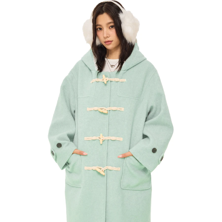 薄荷绿牛角扣羊羔毛毛呢夹棉中长款大衣外套女秋冬韩系呢子冬季