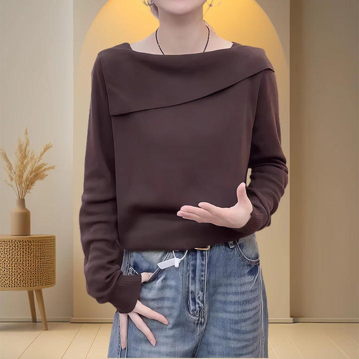 2025秋冬季新款百搭休闲显瘦一字翻领长袖毛衣百搭老钱风女装