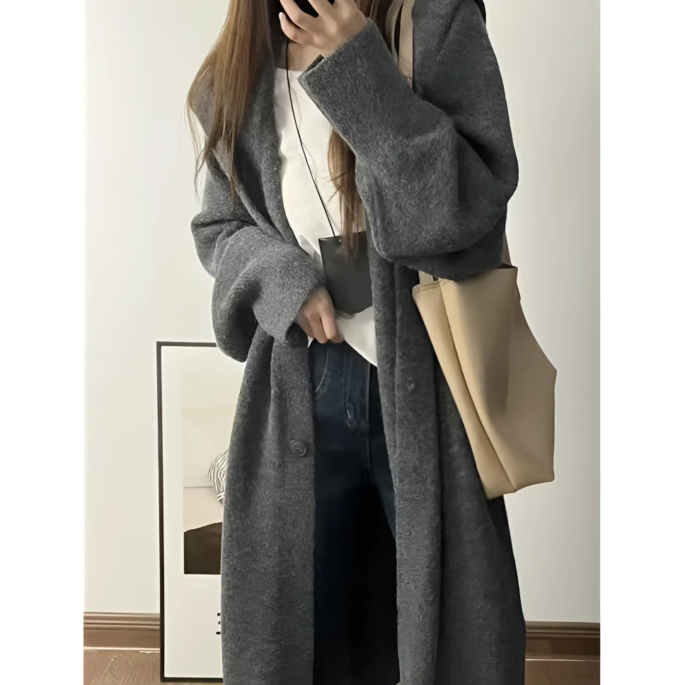 2025连帽外套女宽松慵懒气质中长款针织开衫时尚百搭网红大衣