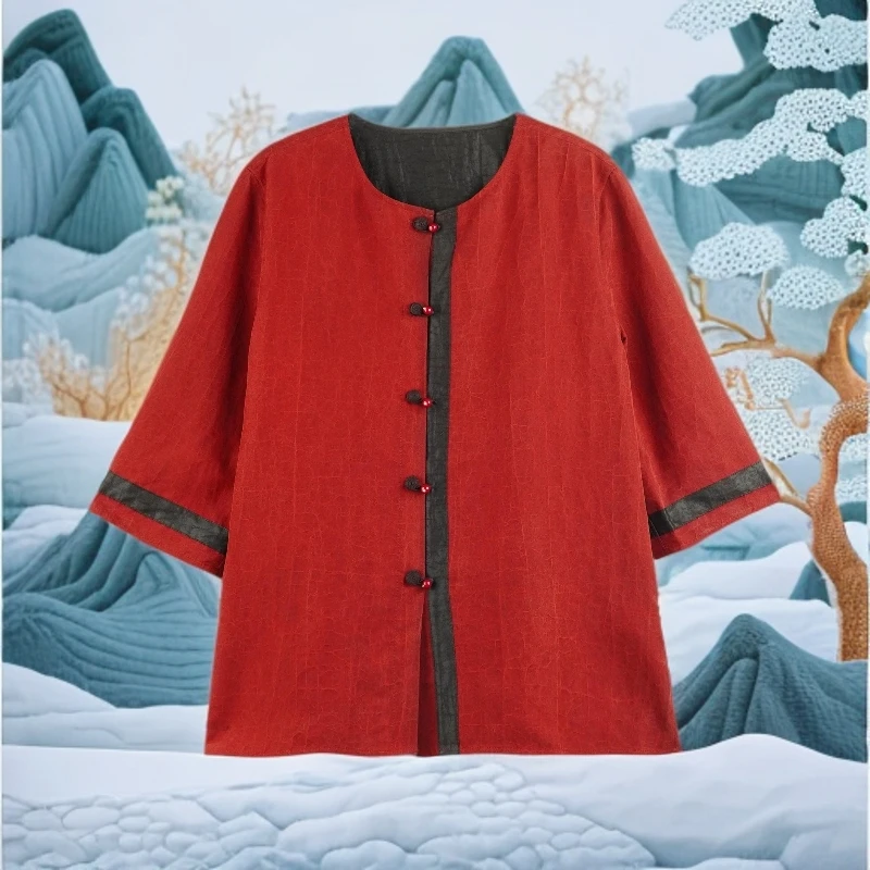 LN 2025新款时尚国风红色龟裂纹圆领开衫外套 24322