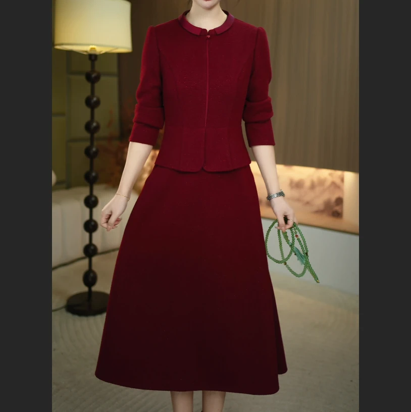 【暖晴川】冬季新款新款新中式减龄娃娃领假两件中长款气质连衣裙