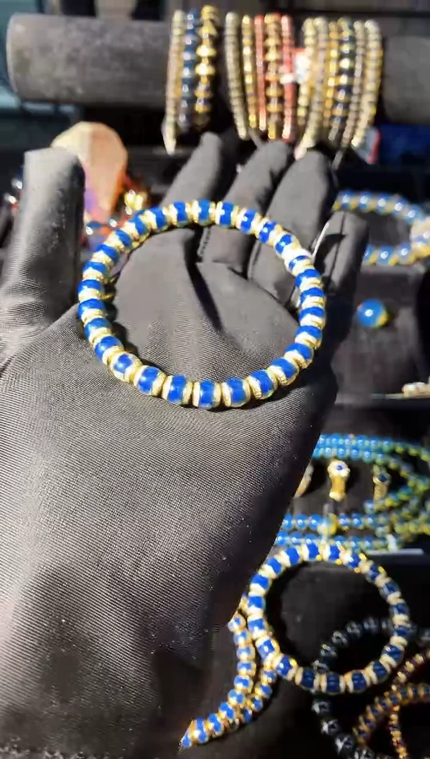 银S925镀金镶嵌琥珀珠宝奇石7mm多米尼加皇家蓝文玩串