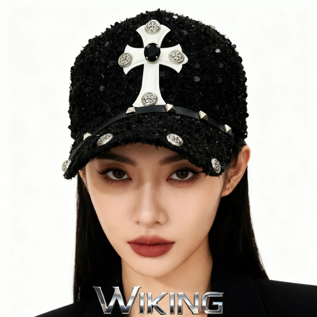 王大嘴原创 ”白皮十字“超酷黑钻十字皮带亮片棒球帽M121