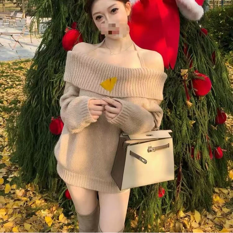 077一字肩 挂脖毛衣