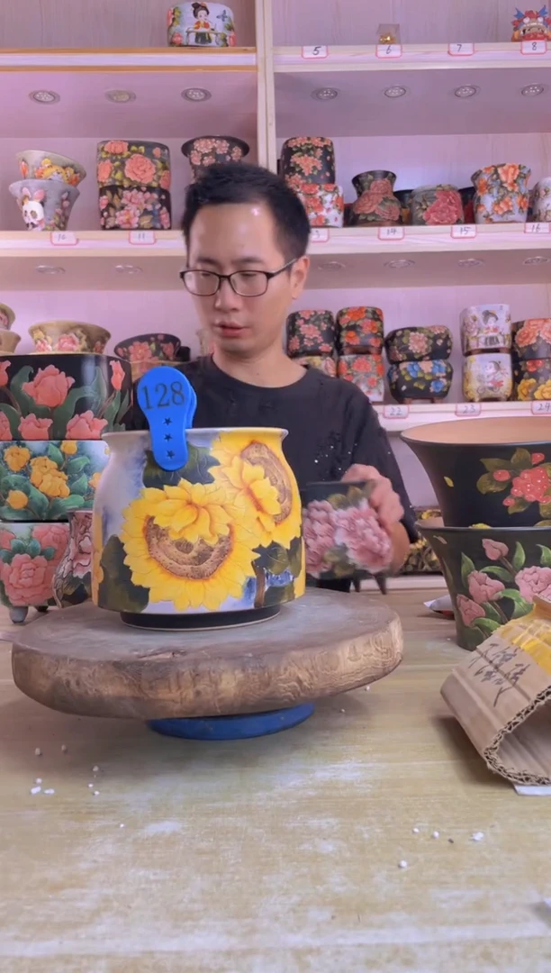 摆件?***?128陶花岛花盆罐—手工痕迹默认，大小会有1-2公分误差