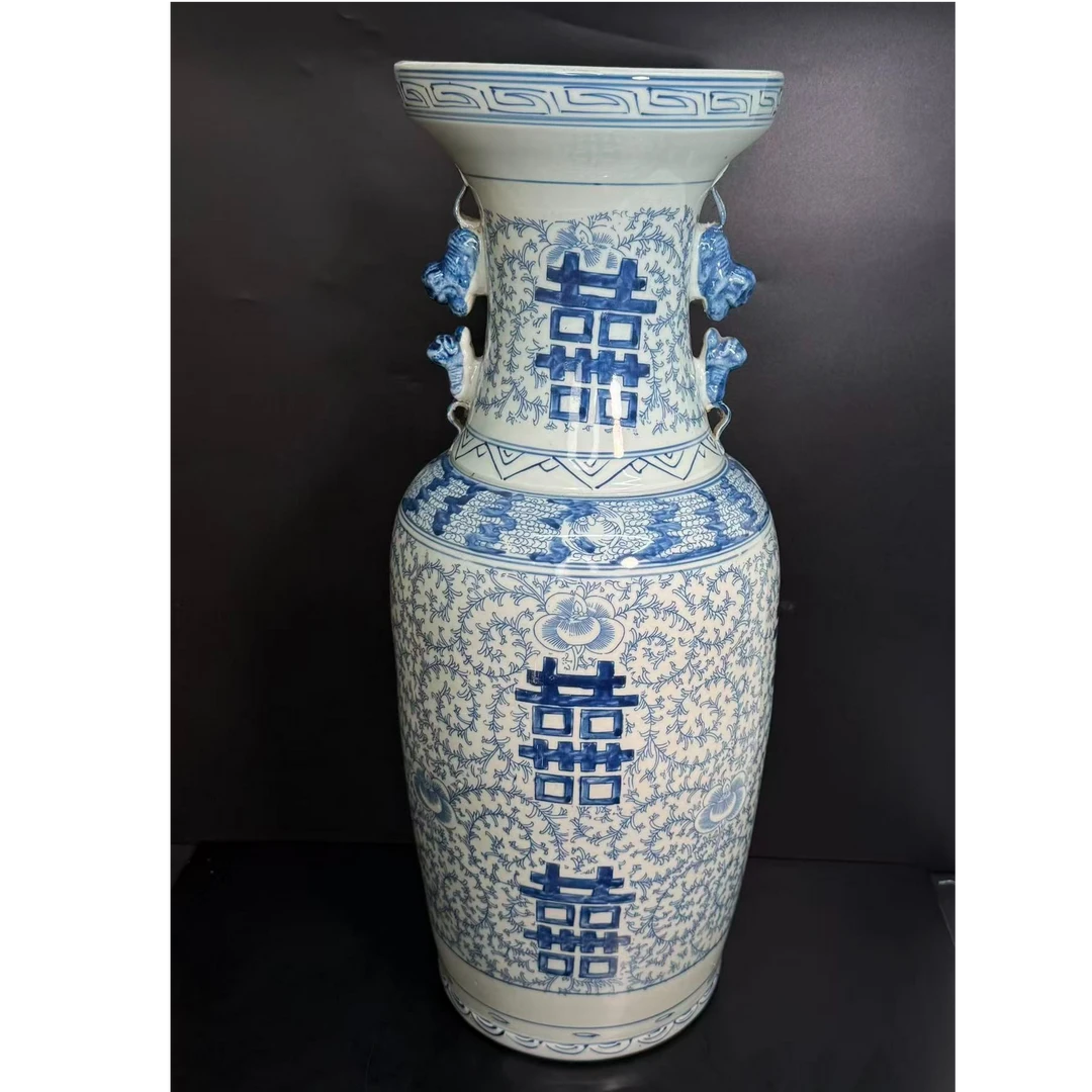 Lot15-C青花喜字双耳瓶-清代年制款H:60cm-YC12080038001007